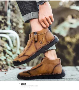 Stylish brown men's high-top casual leather shoes with side zipper for outdoor use.