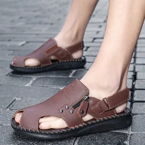 Sandalias de Punta Cerrada Cosidas a Mano para Hombre Zapatos de Playa Transpirables de Cuero de Microfibra Sandalias de Conducción