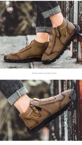 Men's high-top leather casual shoes with side zipper detail and durable rubber sole