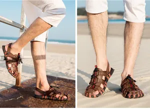 Men's brown breathable leather beach sandals shown in a sunny outdoor beach setting