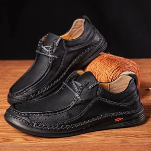 Hand-stitched black leather loafers for men with a premium textured finish and laces