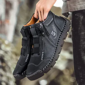 Premium black high-top men's outdoor leather casual shoes with side zipper detail