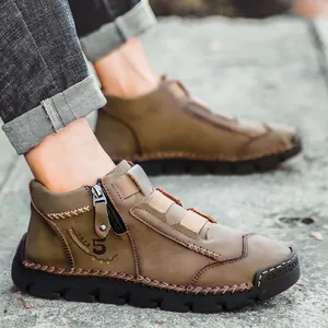 Men's brown high-top casual outdoor shoes with side zipper and stitched rubber sole