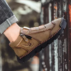 Men's high-top casual leather shoes with side zipper and durable rubber outsole