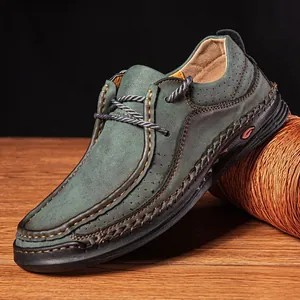 Hand-stitched men's suede driving shoes with breathable leather and rope laces