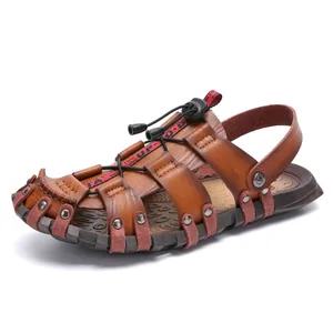 Men Casual Leather Sandals British Hollow Out Beach Shoes Non Slip Rubber Sole Adjustable Drawstring Summer Sandals