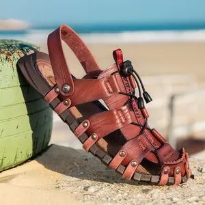 Men's brown breathable leather beach sandals with rugged rubber sole