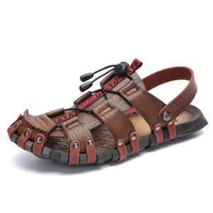 Casual men's breathable hollow out leather beach sandals in brown for summer outdoor wear