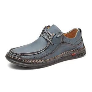Blue men's leather loafers with handmade brown stitching and breathable driving design