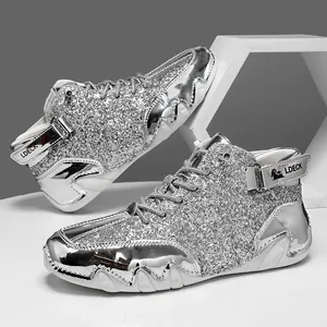 High-top silver glitter casual Martin boots with unique octopus sole for men and women