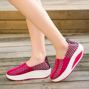 Handgewebte Atmungsaktive Damen Sneaker Rocker Bottom Slipper Lässige Wanderschuhe Keilabsatz Plateau Netzschuhe Für Reise Alltag