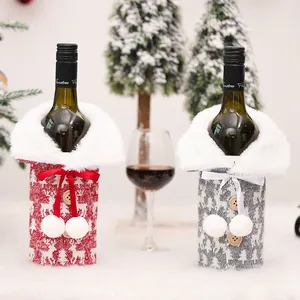 Christmas Wine Bottle Cover Knit Reindeer Faux Fur Collar Bag For Red Wine Champagne Xmas Party Table Home Decor Gift