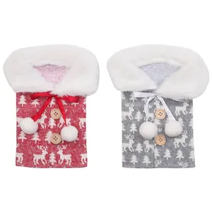 Festive Christmas wine bottle covers with reindeer knit pattern and faux fur collar