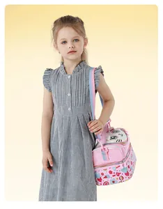 Sac à lunch isotherme dessin animé pour enfants, design rose pailleté et sangle.
