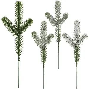 Set of four artificial PE pine needles with varying snow frost effects for Christmas DIY.