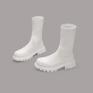 Fashionable white platform mid-calf elastic boots with thick lug sole for women