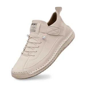 Zapatos informales planos beige cosidos a mano con suelas blandas y correa lateral