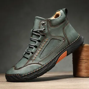 Eleganti stivaletti in pelle da uomo con cuciture a contrasto e design stringato outdoor