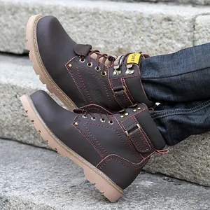 Botas de trabajo para hombre de cuero marrón oscuro con suelas de goma duraderas