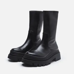 Women Mid-Calf Martin Boots Platform Knight Boots Synthetic Leather Stretch Slip-On Slimming High Heel Fashion Boots