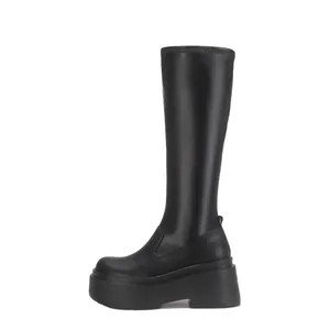 Elegante schwarze Plateau-Stretch-Stiefel mit dicker Sohle und hohem Schaft für Damen