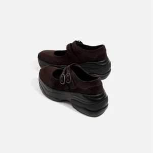 Classic dark brown suede Mary Jane platform shoes with double buckle straps