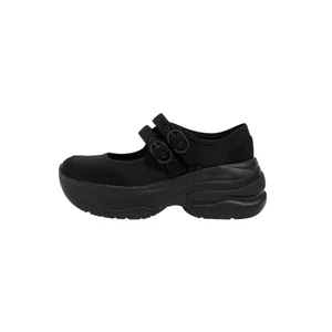 Classic black thick-sole Mary Jane shoes with double buckle straps in French style