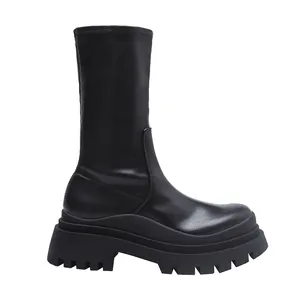 Stylish black chunky platform mid-calf boots with elastic shaft for fashion women.