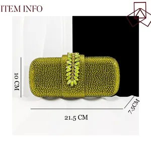 Detailed view of lime green rhinestone evening clutch bag with 21.5cm x 10cm dimensions