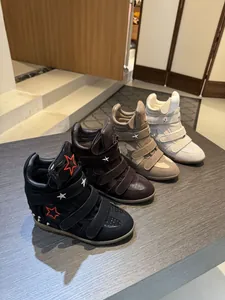 Detailed view of four high-top wedge sneakers in various colors with Velcro straps.