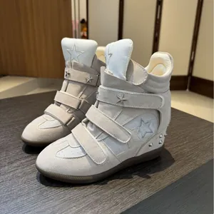 Women Hidden Wedge High Top Sneakers Star Studded Velcro Straps Casual Sport Shoes Retro Color Block Suede Mesh Patchwork