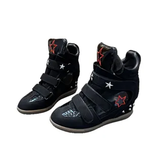Black high-top wedge sneakers for women with star studs and Velcro straps for comfort.