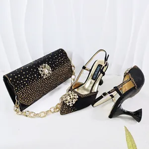 Detail of black rhinestone evening shoe and matching clutch bag set with floral crystal decor