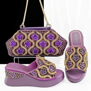 Luxury purple wedge slides and matching floral rhinestone clutch bag set for party.