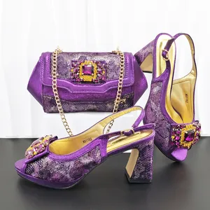 Elegant purple snake print rhinestone high heel sandals and matching chain evening bag set