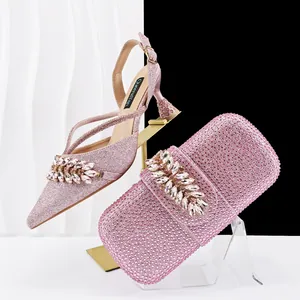 Elegance pink glitter pointed-toe heels and matching rhinestone evening clutch bag set