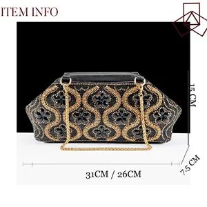 Luxurious full rhinestone evening clutch bag with floral pattern and gold chain strap