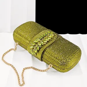 Elegant green rhinestone evening clutch bag with crystal flower and gold chain strap