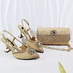 Women Evening Shoe And Bag Set Microfiber Rhinestone Flower Pointed Toe Flared Heel Sandals With Clutch For Party Wedding