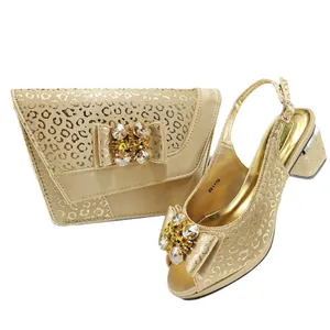 Luxury gold leopard print women shoe and bag set with rhinestone bow and peep-toe design