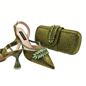 Olive green pointed toe rhinestone slingback sandals and matching evening clutch bag set