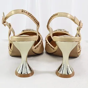 Elegant champagne gold rhinestone slingback heels with unique flared metallic heel design
