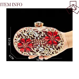 Detailed view of red floral rhinestone wedding clutch bag with dimensions shown