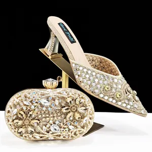 Luxurious champagne rhinestone pointed-toe mule shoes and matching clutch bag set