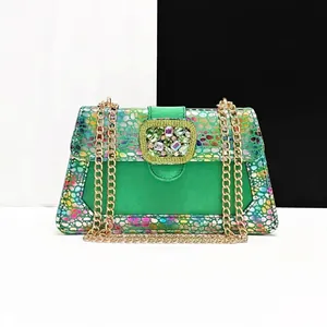 Elegant green evening clutch bag with colorful polka dots and rhinestone buckle, 23.5x14x6.5 cm