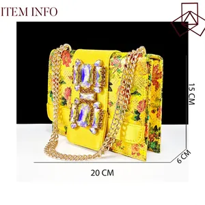 Gelbe Blumen-Handtasche mit Schlangenhaut-Optik und Strass-Schnalle, 20x15x6 cm