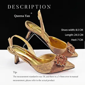 Detailed measurements of gold stiletto slingback pumps with rhinestone buckle