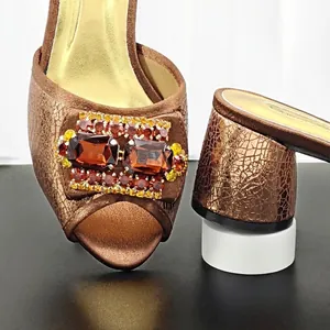 Bronze cracked metallic peep toe block heel sandals with luxury rhinestone decoration