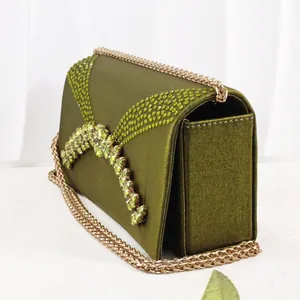 Elegant olive green satin evening envelope bag with sparkling green crystal rhinestones