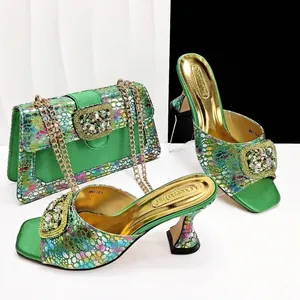 Women Luxurious Faux Leather High Heel Sandals And Evening Bag Set Rhinestone Buckle Square Toe Architectural Heel Polka Dot Multicolor Party Shoe Bag Set